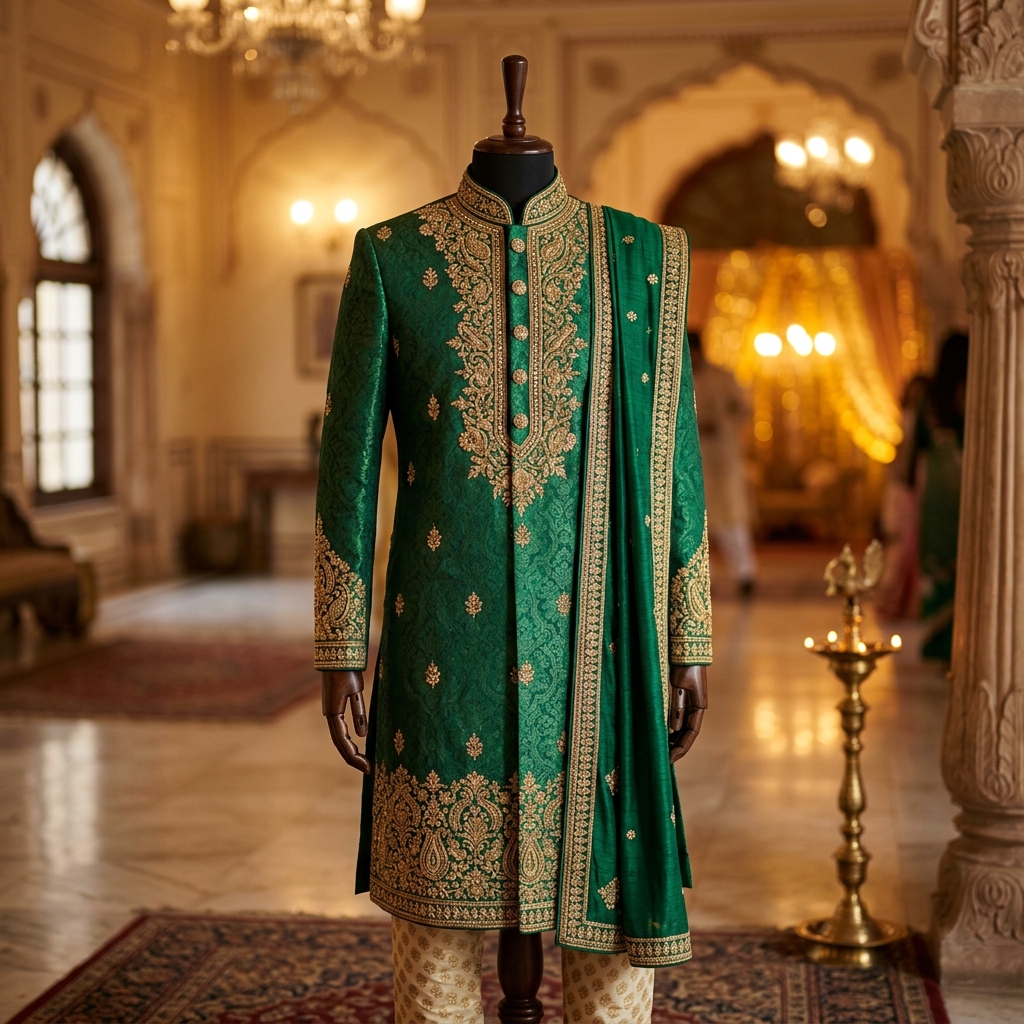 Royal Emerald Emperor Jacquard Silk Designer Panjabi